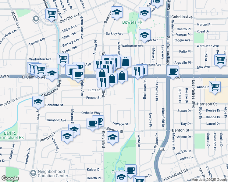 map of restaurants, bars, coffee shops, grocery stores, and more near 2723 El Sobrante Street in Santa Clara