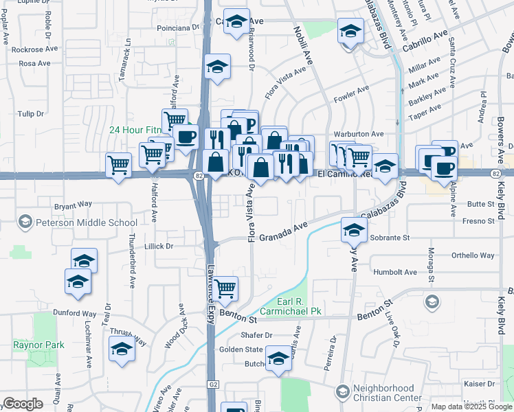 map of restaurants, bars, coffee shops, grocery stores, and more near 3680 Flora Vista Avenue in Santa Clara