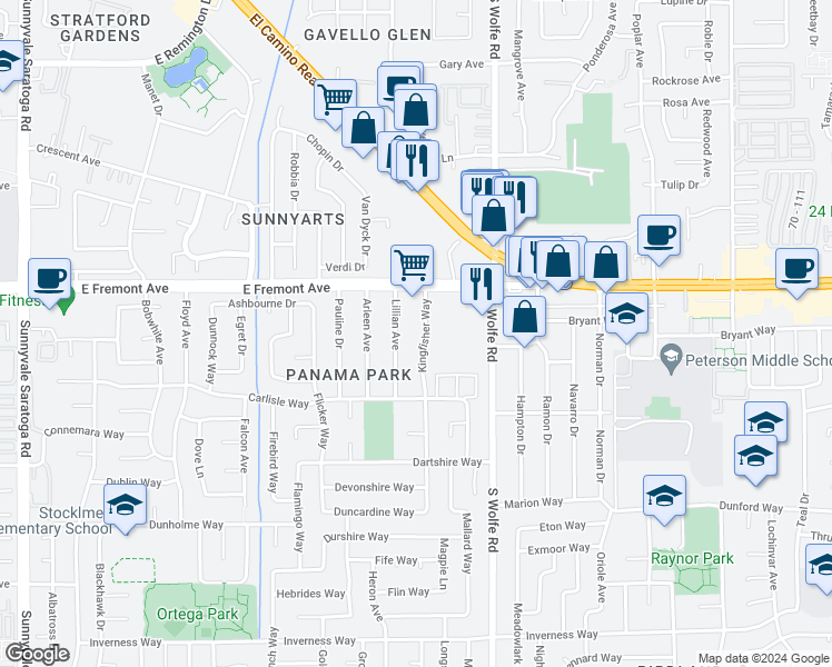 map of restaurants, bars, coffee shops, grocery stores, and more near 1345 Kingfisher Way in Sunnyvale