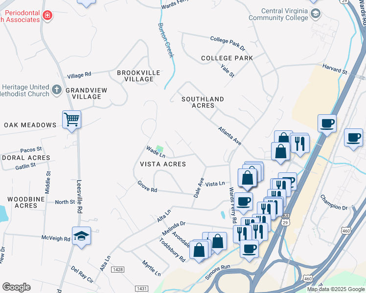 map of restaurants, bars, coffee shops, grocery stores, and more near 107 Wade Lane in Lynchburg