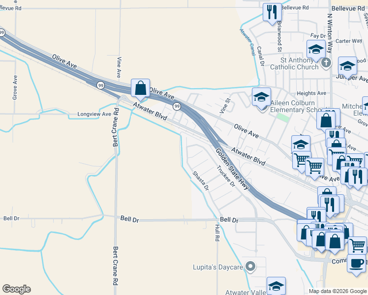 map of restaurants, bars, coffee shops, grocery stores, and more near 2013 Shasta Drive in Atwater