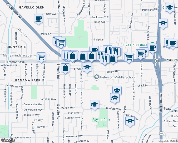 map of restaurants, bars, coffee shops, grocery stores, and more near 1347 Poplar Avenue in Sunnyvale