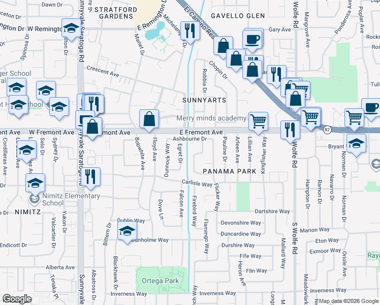 map of restaurants, bars, coffee shops, grocery stores, and more near 1346 Egret Drive in Sunnyvale