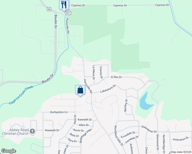 map of restaurants, bars, coffee shops, grocery stores, and more near 1904 El Rio Drive in Cape Girardeau