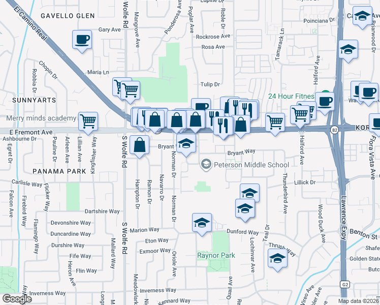 map of restaurants, bars, coffee shops, grocery stores, and more near 1340 Rosalia Avenue in Sunnyvale