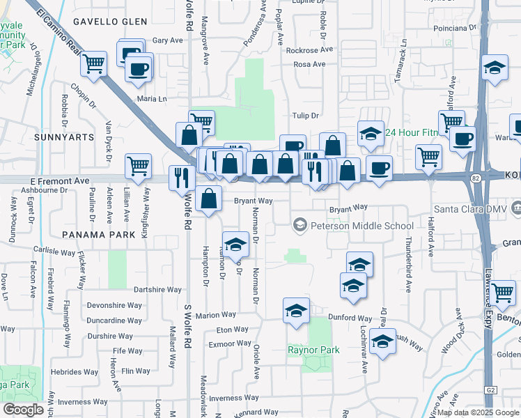 map of restaurants, bars, coffee shops, grocery stores, and more near 1340 Norman Drive in Sunnyvale