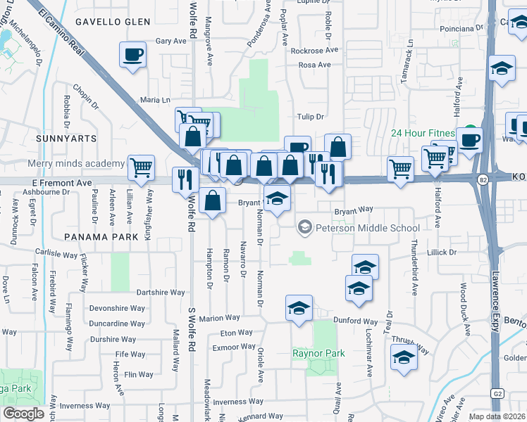 map of restaurants, bars, coffee shops, grocery stores, and more near 1340 Norman Drive in Sunnyvale