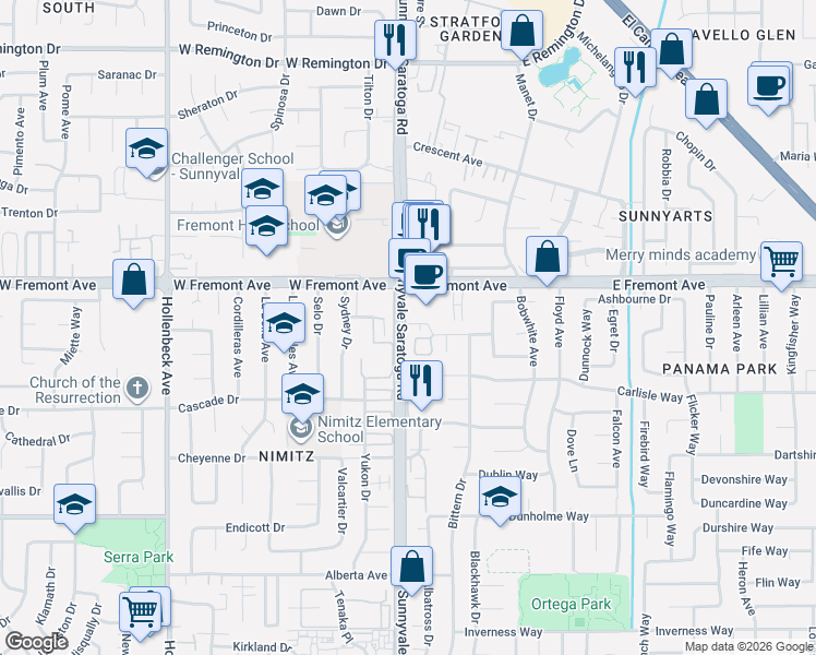 map of restaurants, bars, coffee shops, grocery stores, and more near 106 Avon Terrace in Sunnyvale