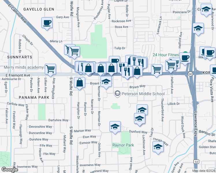 map of restaurants, bars, coffee shops, grocery stores, and more near 1340 Rosalia Avenue in Sunnyvale