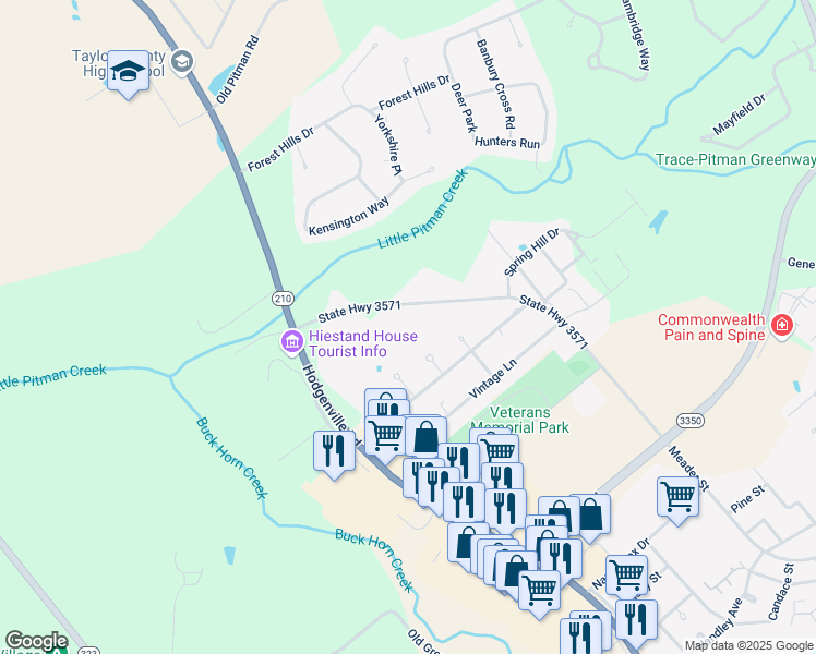 map of restaurants, bars, coffee shops, grocery stores, and more near 104 De Chaunac Circle in Campbellsville