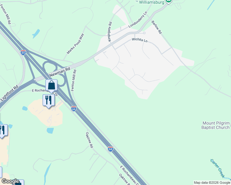 map of restaurants, bars, coffee shops, grocery stores, and more near 1000 Newman Road in Williamsburg