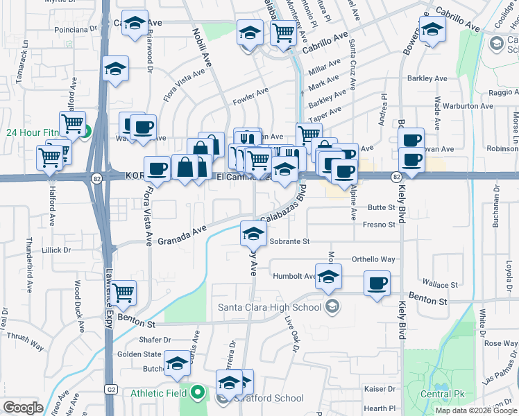 map of restaurants, bars, coffee shops, grocery stores, and more near 1525 Pomeroy Avenue in Santa Clara