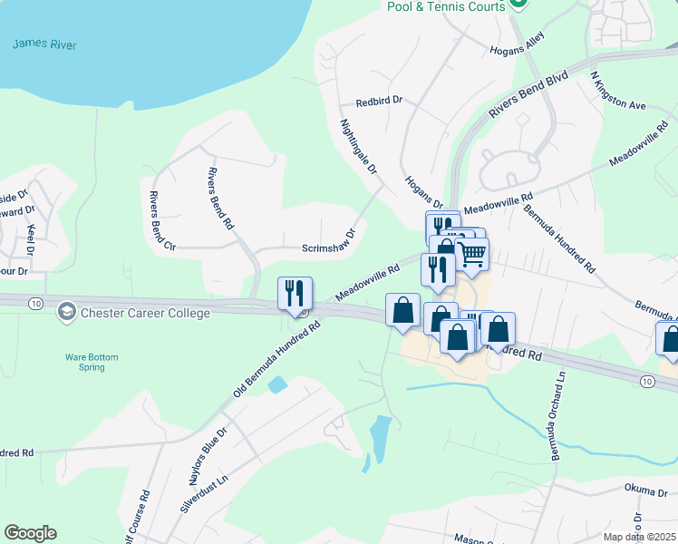 map of restaurants, bars, coffee shops, grocery stores, and more near 16 Meadowville Road in Chester