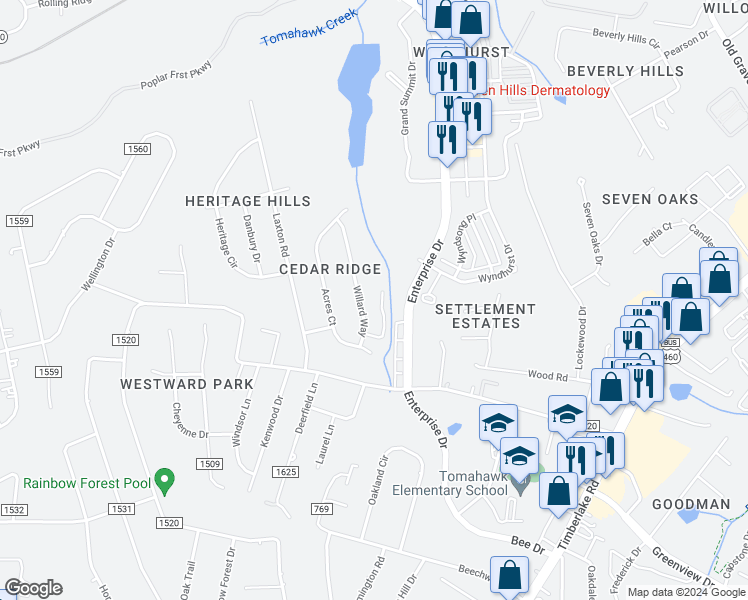 map of restaurants, bars, coffee shops, grocery stores, and more near 111 Willard Way in Lynchburg