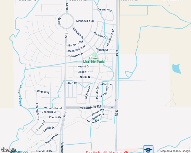 map of restaurants, bars, coffee shops, grocery stores, and more near 307 Noble Drive in Merced