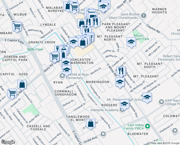 map of restaurants, bars, coffee shops, grocery stores, and more near 2984 Warrington Avenue in San Jose