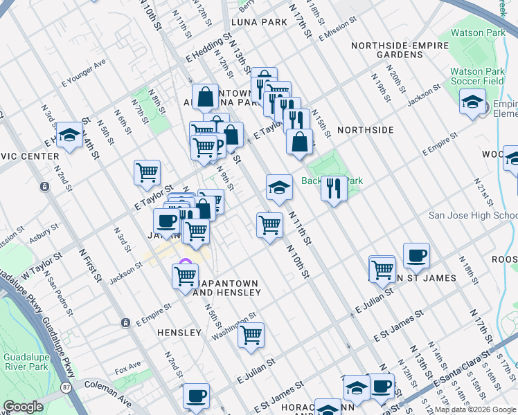 map of restaurants, bars, coffee shops, grocery stores, and more near 455 Jackson Street in San Jose