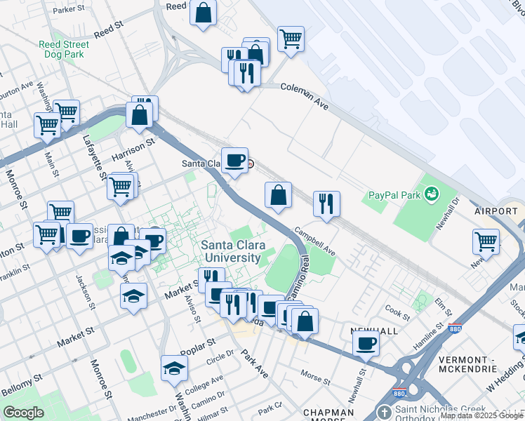 map of restaurants, bars, coffee shops, grocery stores, and more near 471 El Camino Real in Santa Clara