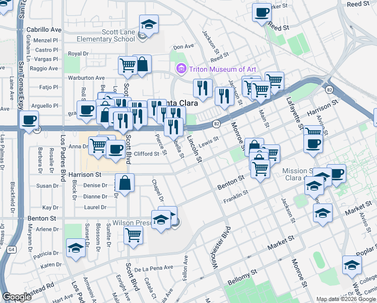 map of restaurants, bars, coffee shops, grocery stores, and more near 1610 El Camino Real in Santa Clara