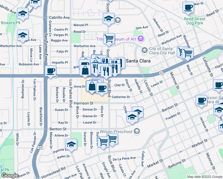 map of restaurants, bars, coffee shops, grocery stores, and more near 1889 Clay Street in Santa Clara