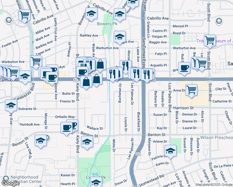 map of restaurants, bars, coffee shops, grocery stores, and more near 2565 Arroyo Drive in Santa Clara