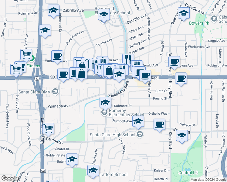 map of restaurants, bars, coffee shops, grocery stores, and more near 3236 El Camino Real in Santa Clara