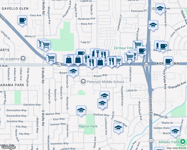 map of restaurants, bars, coffee shops, grocery stores, and more near 1034 East El Camino Real in Sunnyvale