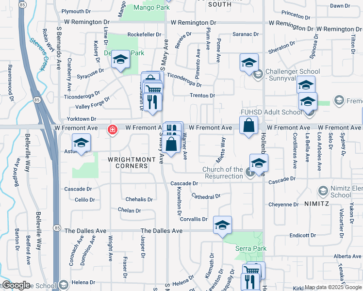 map of restaurants, bars, coffee shops, grocery stores, and more near 860 West Fremont Avenue in Sunnyvale