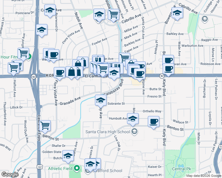 map of restaurants, bars, coffee shops, grocery stores, and more near 1458 Calabazas Boulevard in Santa Clara