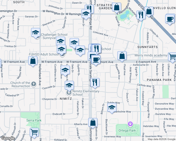 map of restaurants, bars, coffee shops, grocery stores, and more near 1308 Yarmouth Terrace in Sunnyvale