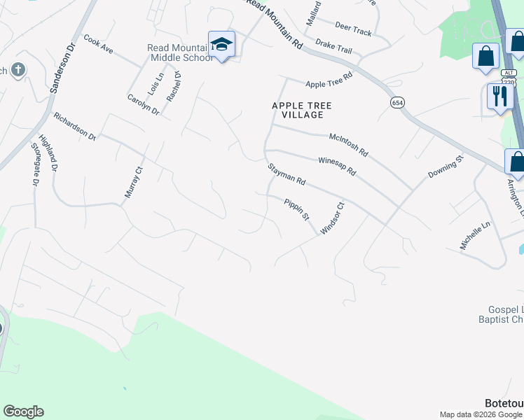 map of restaurants, bars, coffee shops, grocery stores, and more near 144 Jonathan Road in Roanoke