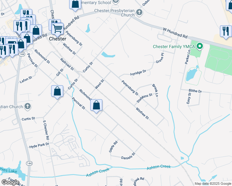 map of restaurants, bars, coffee shops, grocery stores, and more near 12448 Winfree Street in Chester
