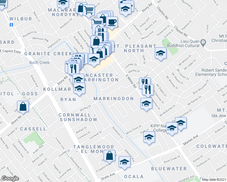 map of restaurants, bars, coffee shops, grocery stores, and more near Murtha Dr & Zephyr Ct in San Jose