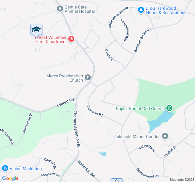 map of restaurants, bars, coffee shops, grocery stores, and more near 102 Cameron Road in Forest