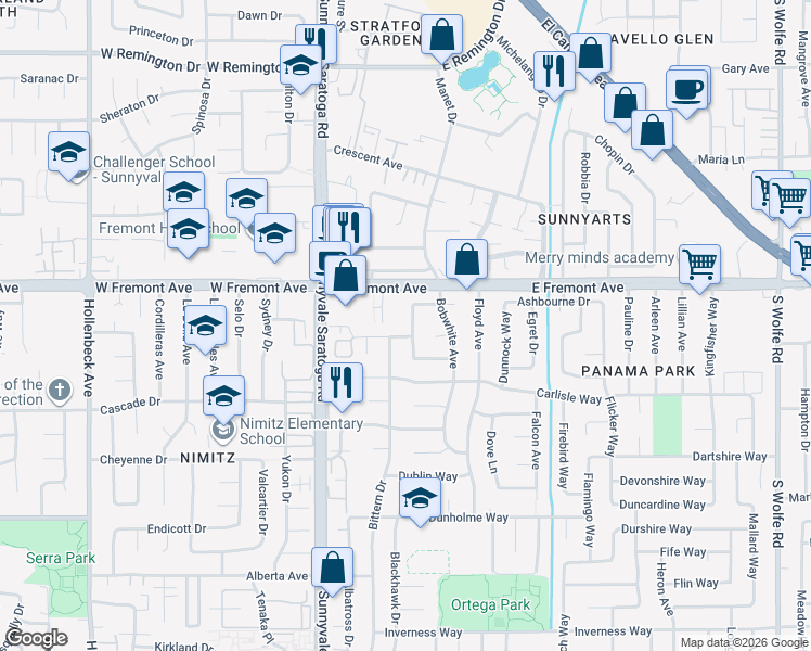 map of restaurants, bars, coffee shops, grocery stores, and more near 1335 Bobolink Circle in Sunnyvale