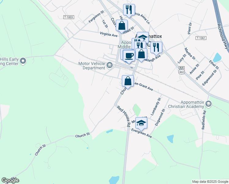 map of restaurants, bars, coffee shops, grocery stores, and more near 1665 Church St in Appomattox