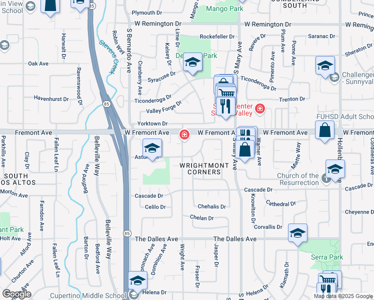 map of restaurants, bars, coffee shops, grocery stores, and more near in Sunnyvale