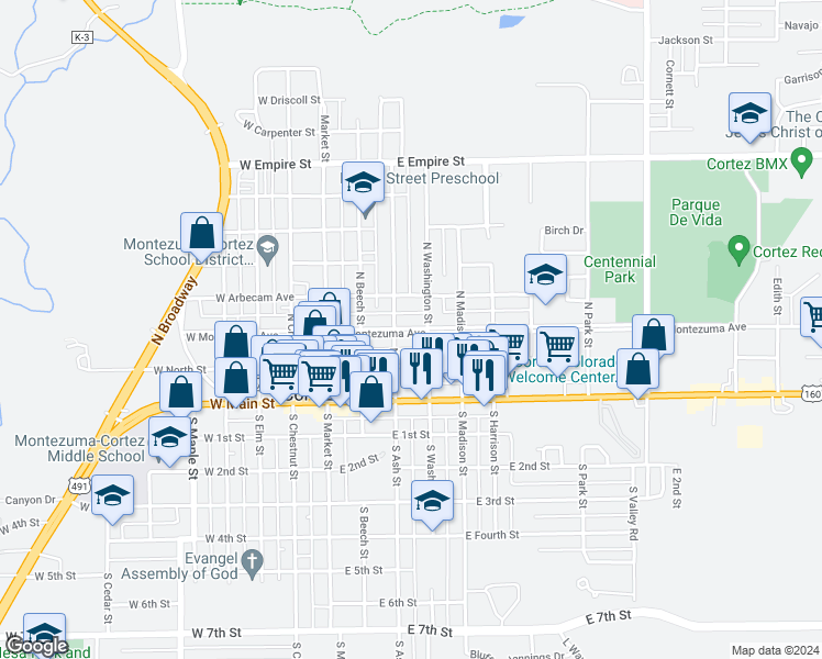 map of restaurants, bars, coffee shops, grocery stores, and more near 229 East Arbecam Avenue in Cortez