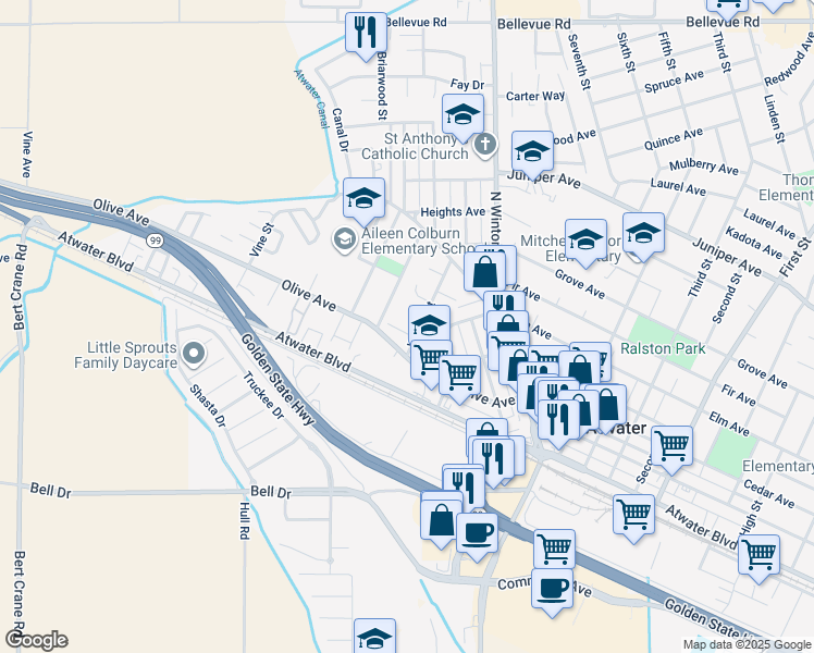 map of restaurants, bars, coffee shops, grocery stores, and more near 1230 Marguerite Street in Atwater