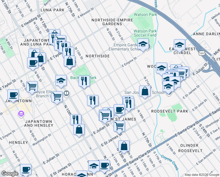 map of restaurants, bars, coffee shops, grocery stores, and more near 470 North 16th Street in San Jose