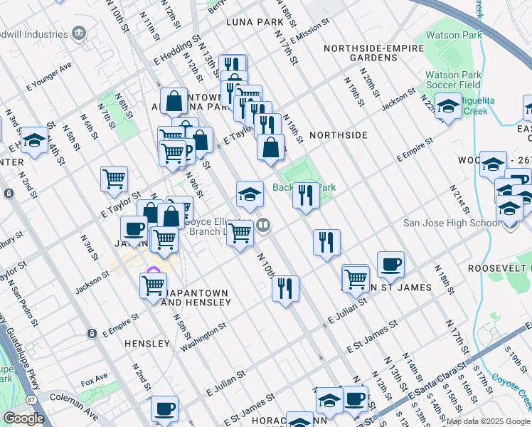 map of restaurants, bars, coffee shops, grocery stores, and more near 566 North 11th Street in San Jose