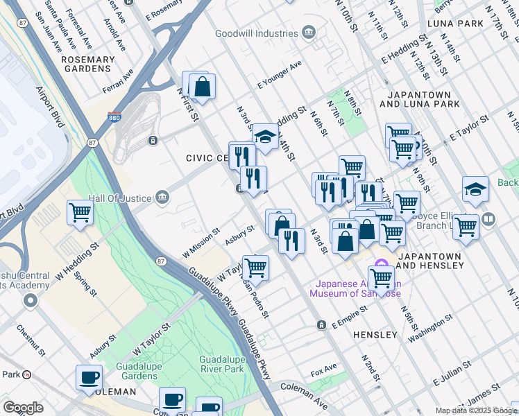 map of restaurants, bars, coffee shops, grocery stores, and more near 52 East Mission Street in San Jose