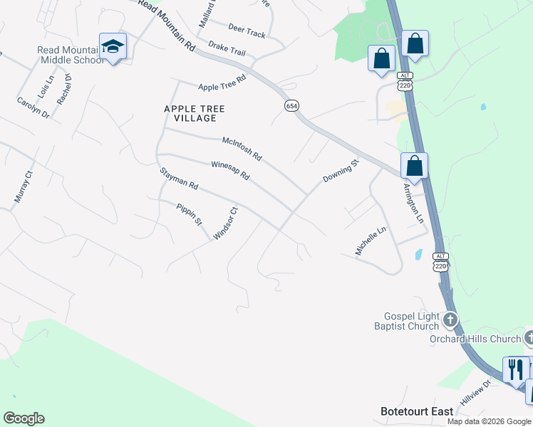 map of restaurants, bars, coffee shops, grocery stores, and more near 428-460 Winesap Road in Roanoke