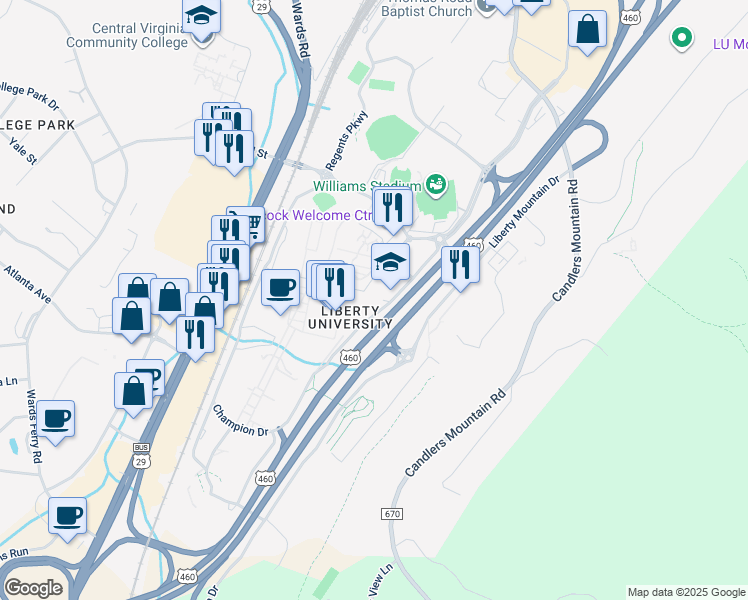 map of restaurants, bars, coffee shops, grocery stores, and more near 1971 University Boulevard in Lynchburg