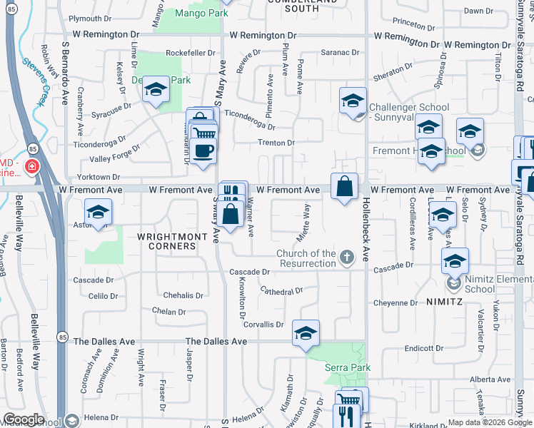map of restaurants, bars, coffee shops, grocery stores, and more near 1339 Lennox Way in Sunnyvale