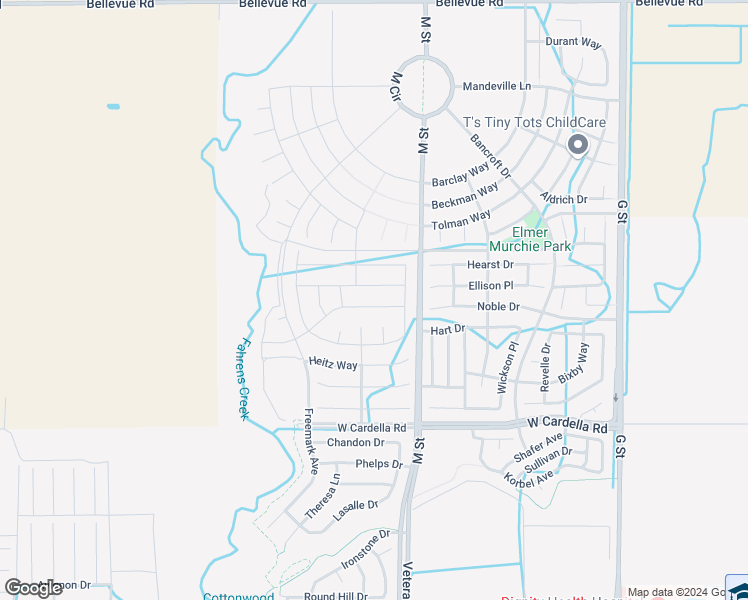 map of restaurants, bars, coffee shops, grocery stores, and more near 653 Marybelle Drive in Merced