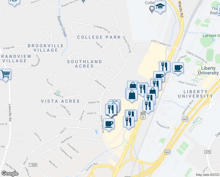 map of restaurants, bars, coffee shops, grocery stores, and more near 1228 Wards Ferry Road in Lynchburg