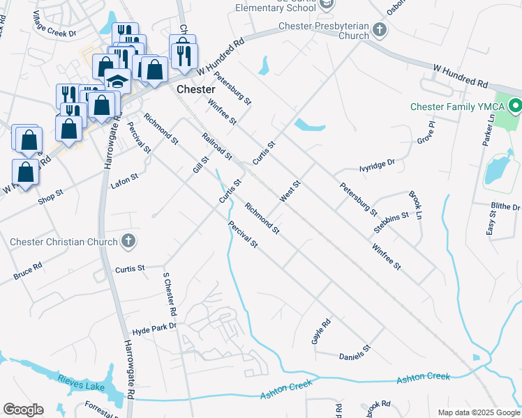 map of restaurants, bars, coffee shops, grocery stores, and more near 12437 Richmond Street in Chester