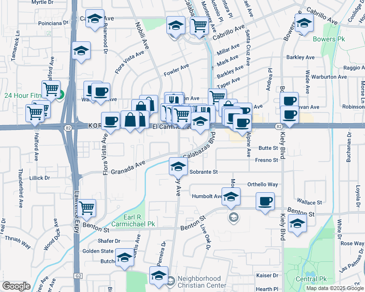 map of restaurants, bars, coffee shops, grocery stores, and more near 1545 Pomeroy Avenue in Santa Clara