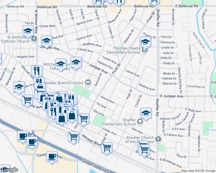 map of restaurants, bars, coffee shops, grocery stores, and more near 1790 First Street in Atwater